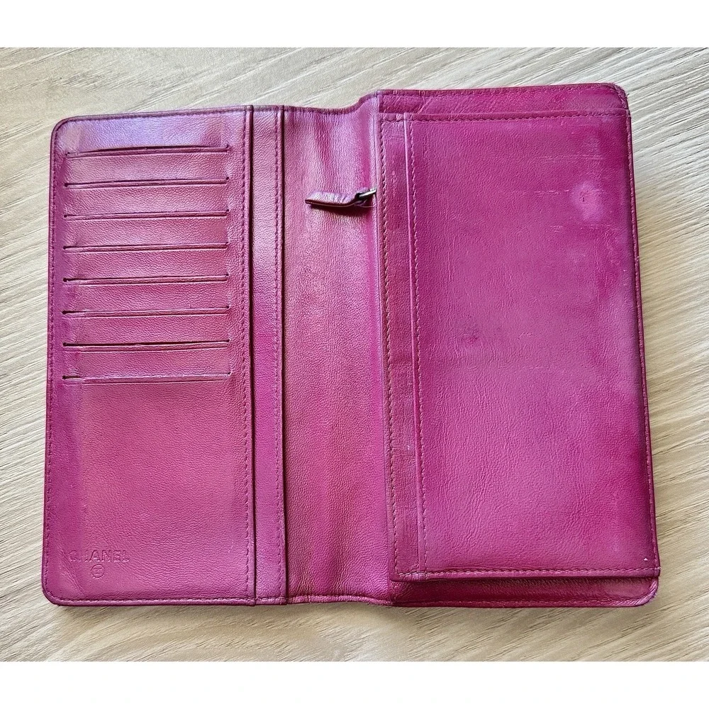 Authentic Chanel Camellia Bifold Long Wallet Lambskin Leather Pink/Red
